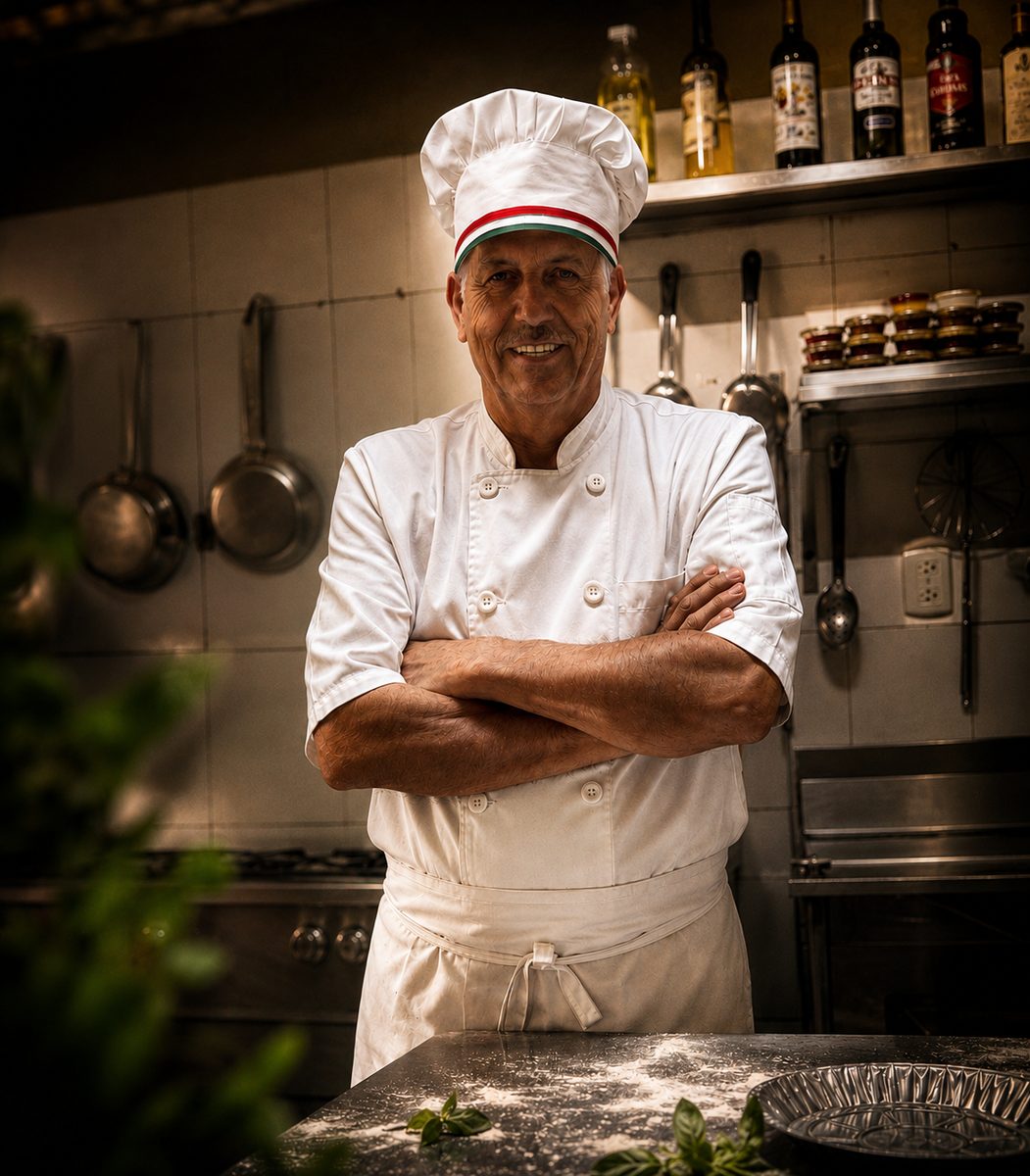 Don Roberto, fundador de Beto's Pizza, en chef whites en su cocina italiana de Avándaro